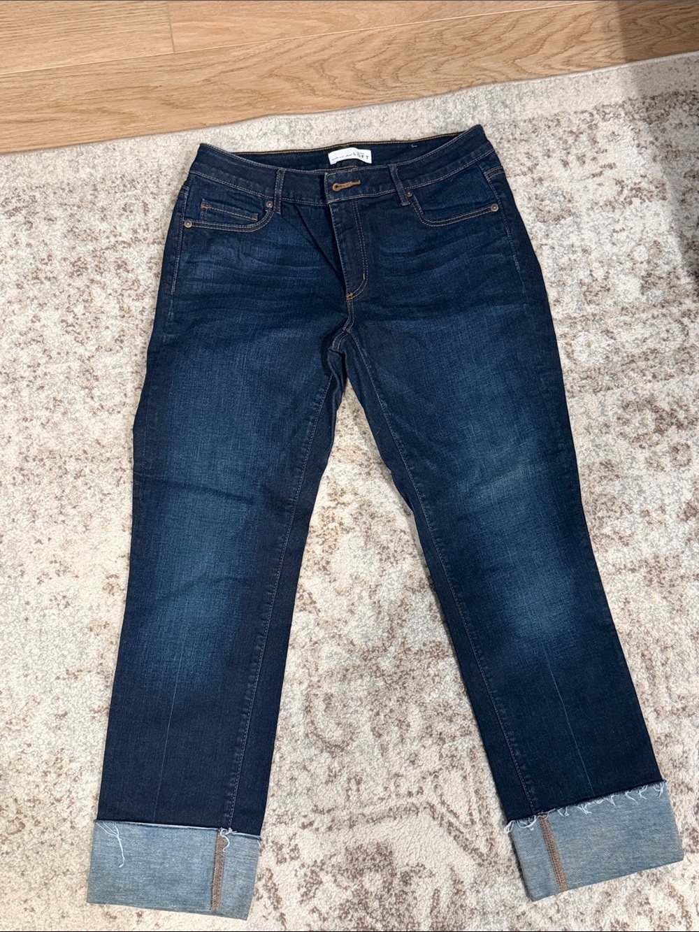 LOFT Dark Blue Straight Leg Jeans with Cuffed Hem